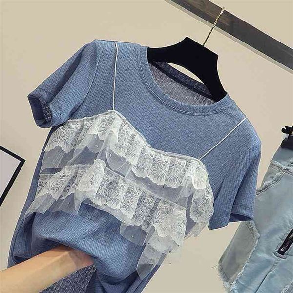 

fashion women short sleeves pacthwork lace o neck t-shirt female tee 210519, White