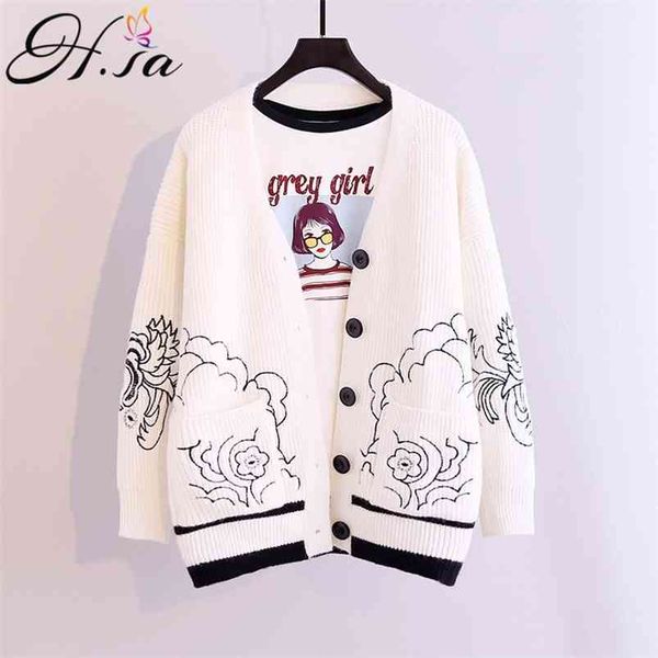 

winter clothes for women white embroidery sweater and cardigans v neck button up black knit jacket coat 210430