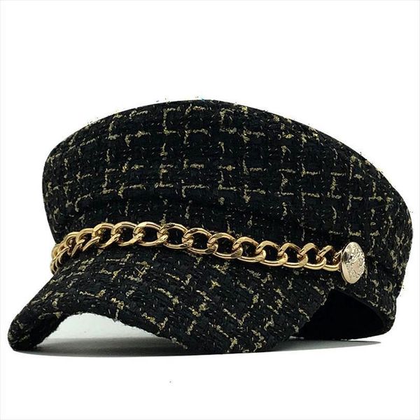 

Women Hats Tweed Plaid Newsboy Caps Chain Flat Top Visor Cap Vintage Military Female Autumn Winter, Blue;gray