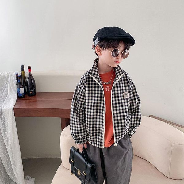 

jackets children's plaid coat autumn 2021 fashion cardigan boys' stand collar zipper jacket outerwear 3-179, Blue;gray