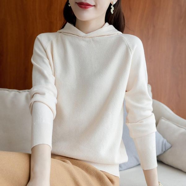 

women's sweaters long sleeve knitted hooded sweater loose solid color outer wool bottoming cashmere women, White;black