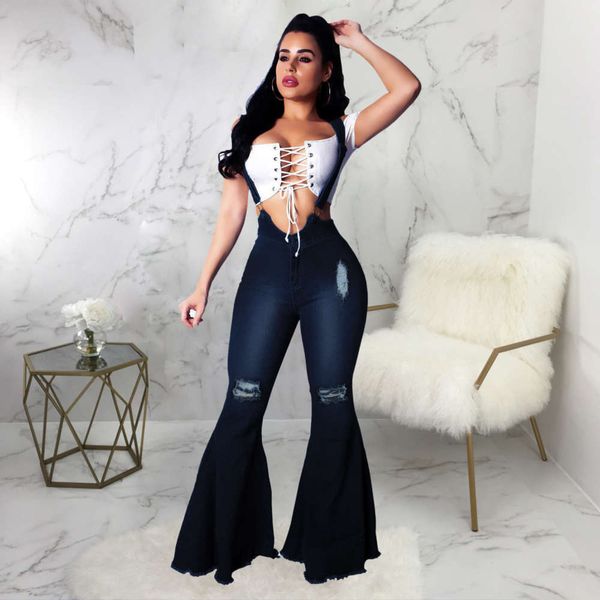 

2019 fashion loose strap high waist jeans flared pants, White;black