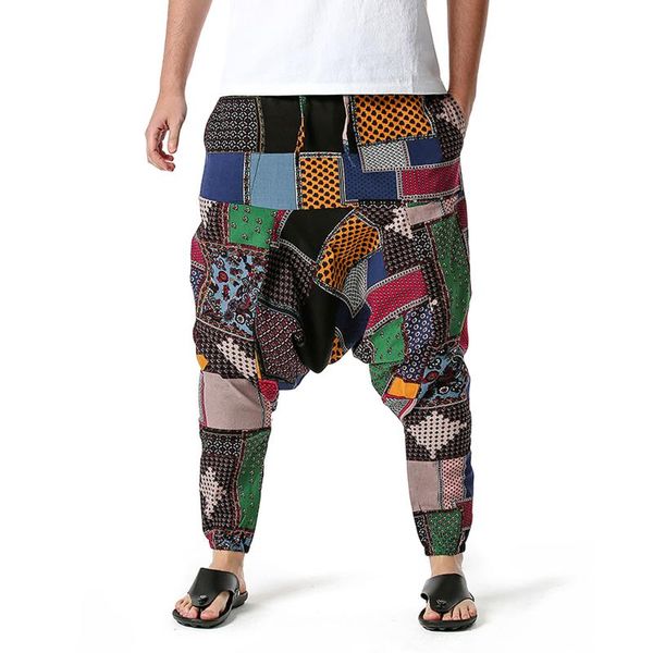 

yoga outfit men's cotton-linen pants loose casual lightweight elastic waist trousers home wide leg sweatpants streetwear#30