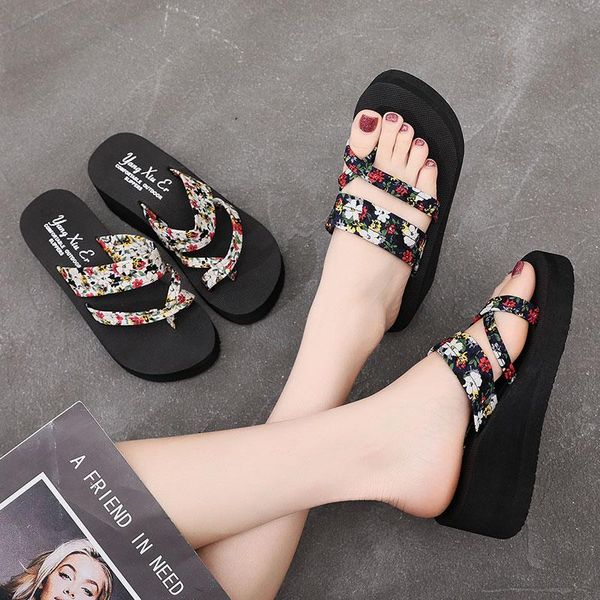 

slippers toe protecting slides woman shoes flower womens 2.1'' wedges heel summer sandals beach comfortable, Black