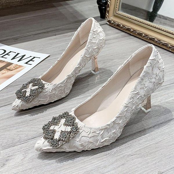 

dress shoes 2021 spring high heels women rhinestone square buckle stiletto satin women's single bridal, Black