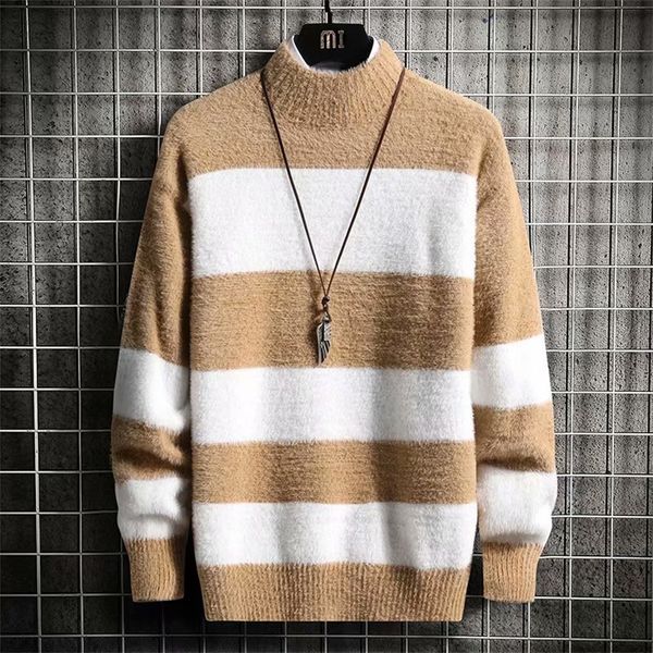 

fashion designer jumper mink wool sweater color matching stripe half-height collar couple knitting pullover hoodies necessary for keeping wa, White;black