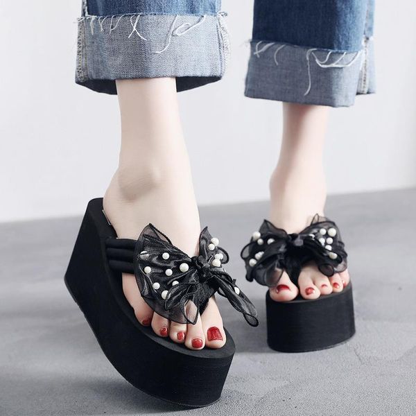 

super high heels eva platform shoes women bowtie bowknot slippers outside slides girls beach wedges flip flops 3872, Black