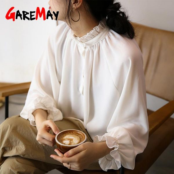 

garemay women blouse 2021 chiffon vintage plus size ruffle white turtleneck long petal sleeve womens and blouses women's & shirts