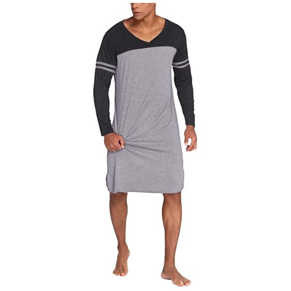 

men's t-shirts feitong men v-neck long sleeve patchwork matching nightgown sleeping wear loose for, White;black