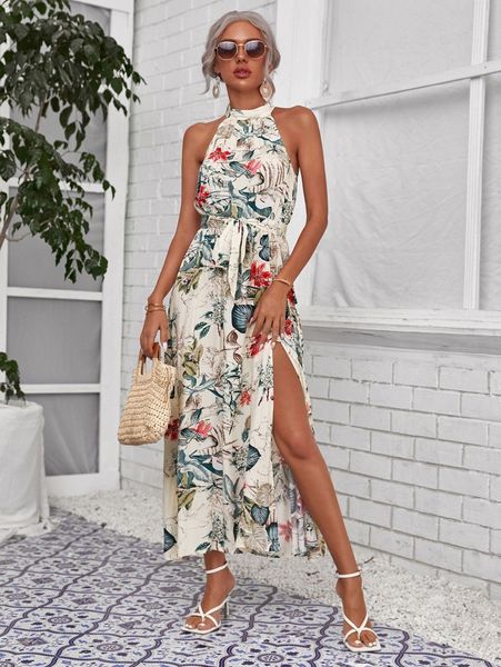

botanical print high split hem self belted halter dress 725c#, Black;gray