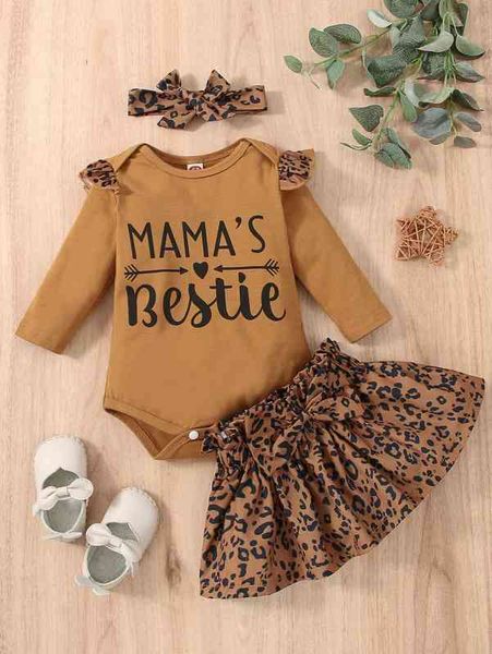 

baby slogan & leopard print bodysuit & bow skirt & headband she, White