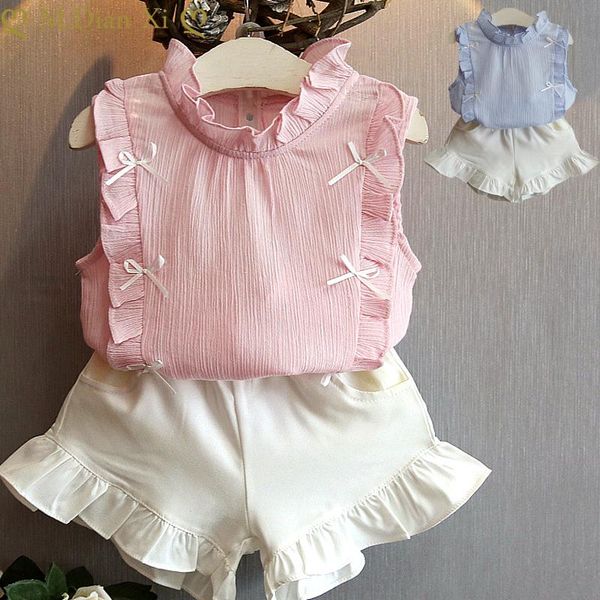 

clothing sets kids clothes girls 2021 summer bowknot ruffled chiffon + shorts two-piece suit, White