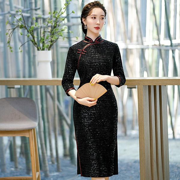 

ethnic clothing vintage women cheongsam elegant oriental evening party qipao slim plus size vestidos exquisite autumn winter robe gown, Red