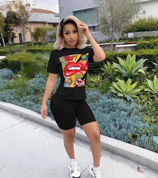 

two piece set women tracksuit summer clothes lips print t shirt biker shorts outfits for jogging femme women's tracksuits, Gray