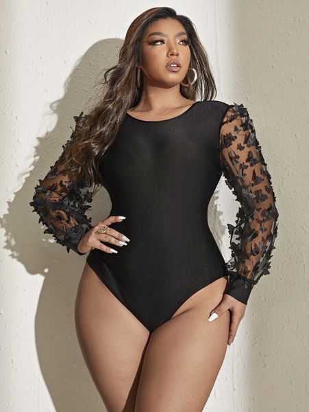 

plus contrast mesh butterfly appliques bodysuit 339e#, Black
