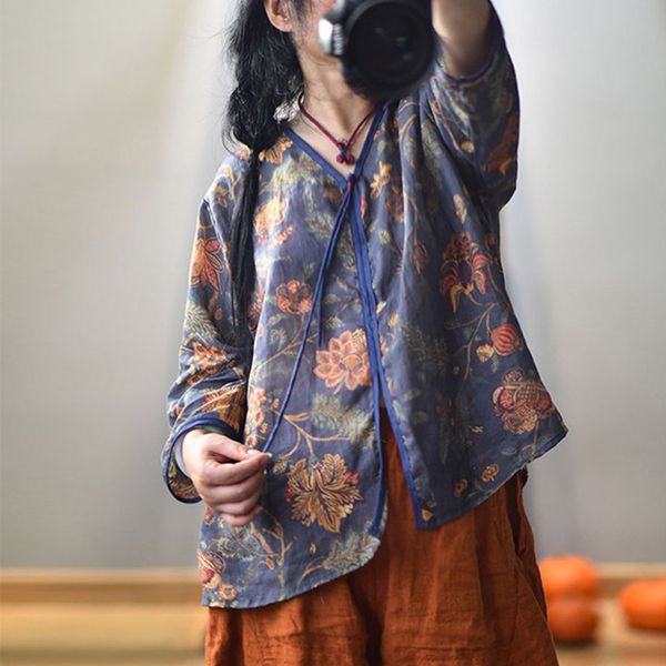 

johnature women autumn vintage shirts print floral v-neck nine sleeve loose ramie female 7 color blouses loose shirts 210521, White