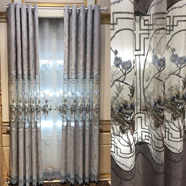 

curtain & drapes chinese classical flowers hollow curtains for living room gray chenille semi-blackout embroidered tulle bedroom
