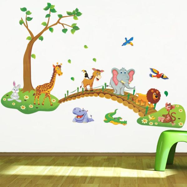 

wall stickers 3d cartoon jungle wild animal tree bridge lion giraffe elephant birds flowers for kids room living home decor