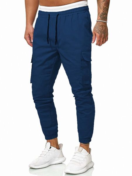 

men flap pocket drawstring waist cargo pants m5eh#, Black