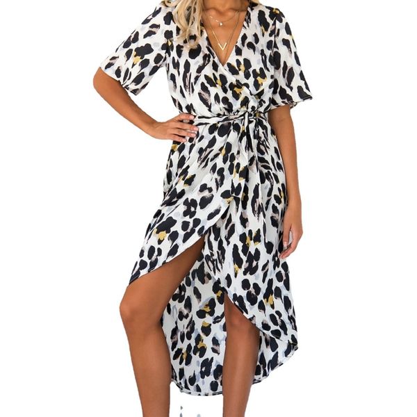 

women's dresses 2021 short sleeve leopard print lace up, Black;gray