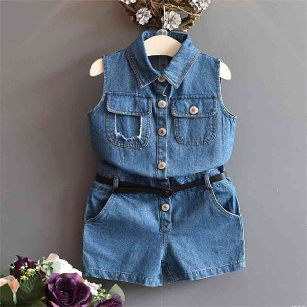 

sleeveless baby girls overalls infant kid fashion denim back letter printed children jumpsuit jeans 210528, White
