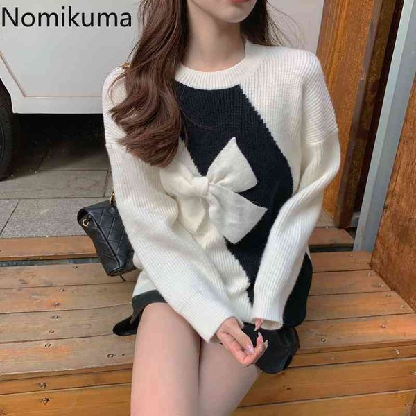 

nomikuma bow design contrast color knitted sweater women korean o neck long sleeve casual fashion loose pullover jumpers 3d568 210514, White;black