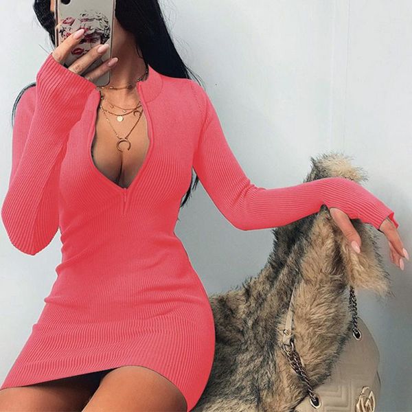 

casual dresses fashion women bodycon ribbed dress autumn stand collar zipper deep v-neck solid pencil party mini vestido plus size, Black;gray