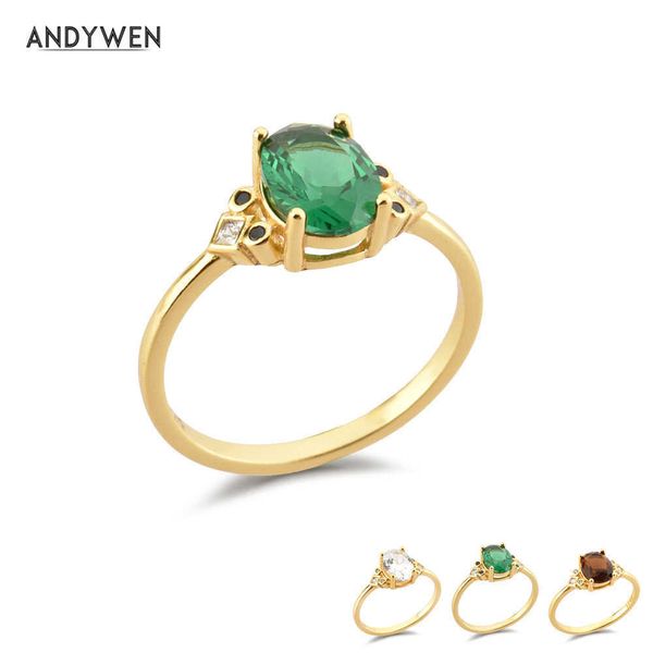 Andywen 925 Sterling Prata Green Green Zircão Anel Oval Mulheres Rock Punk Festa de Luxo Acessórios Para O Presente De Casamento 210608