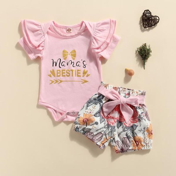 

clothing sets born baby girls clothes 2pcs summer outfits, short sleeve letter print bodysuit +flower belted shorts set 0-24m, White