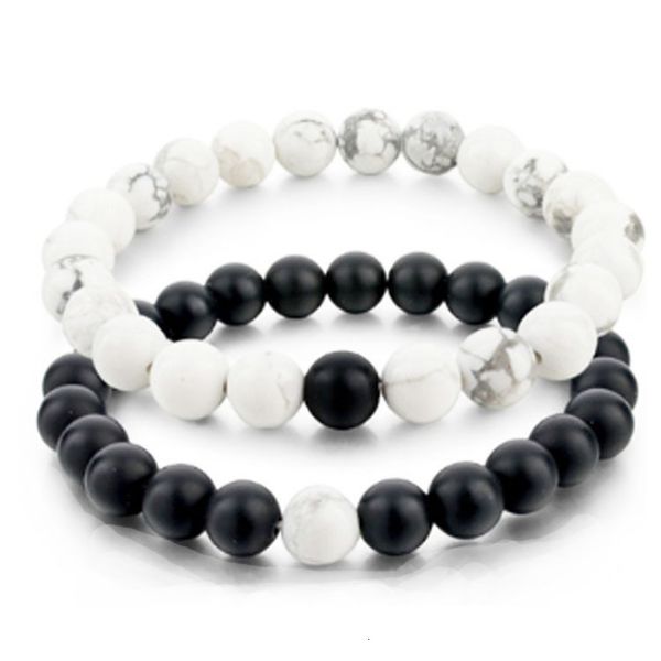 

bracelet couple black matte agate white 8mm bead crown friendship, Golden;silver