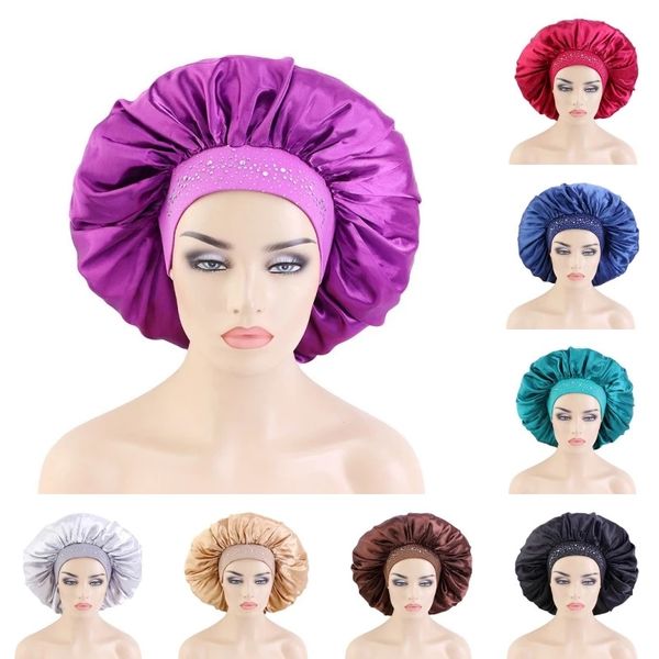 

fashion new large hair care beauty bonnet women's shiny rhinestone solid color satin wide elastic band night sleep hats, Blue;gray