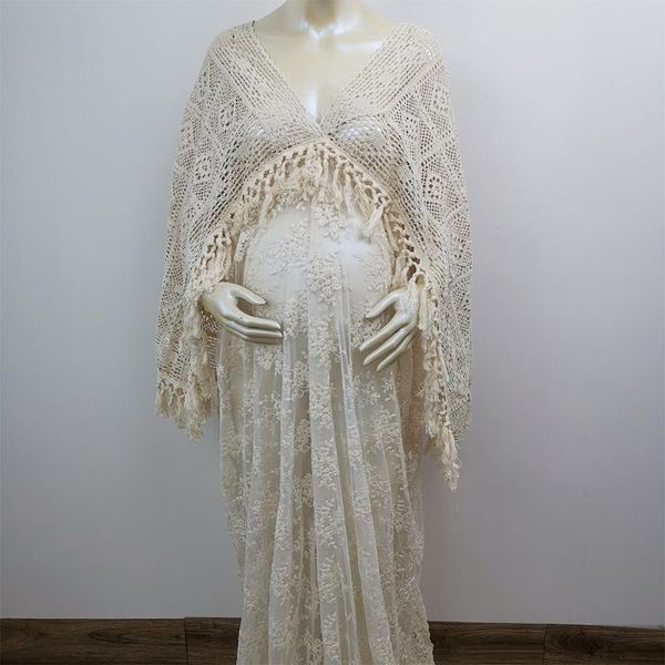 

maternity dresses beige cotton bohemian long bell sleeves dress pregnant gown lace robe for woman pography prop baby shower, White