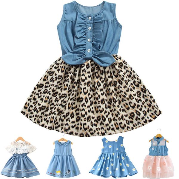 Vestido infantil para meninas primavera vestido de festa de verão curva jeans leopardo impressão de roupas de splicing roupas sem mangas casual bebê traje Q0716