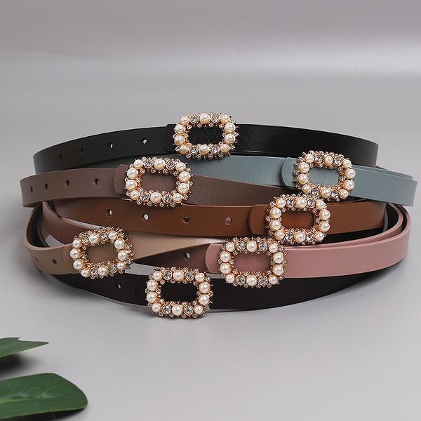 

belts vintage pearl buckle waist belt women rhinestone cowhide waistband slim genuine leather jean pant dress strap, Black;brown