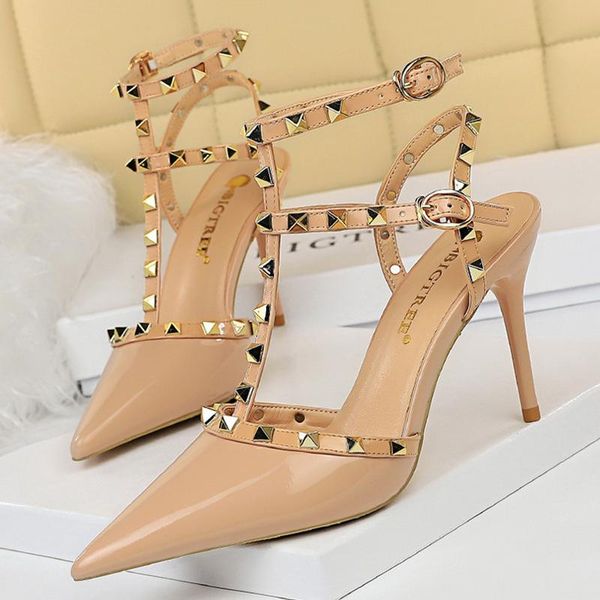 

sandals summer women 9cm high heels rivets lady leather stiletto silver studded sandles stripper prom gladiator shoes, Black