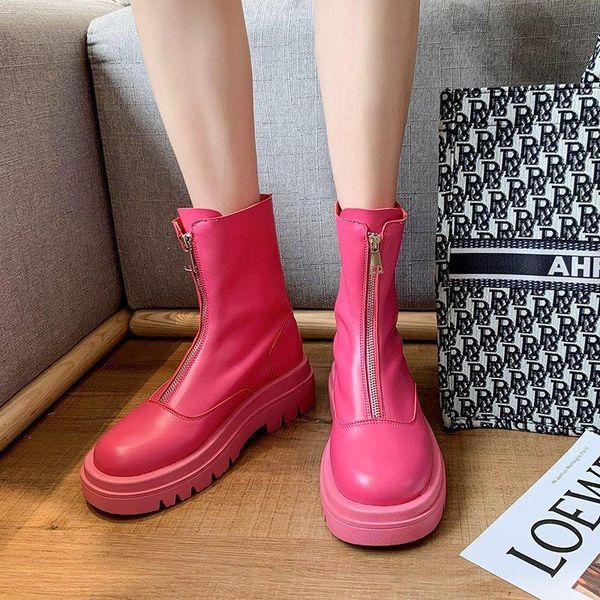 

boots women soft leather shoes autumn winter motorcycle zip platform ankle round toe female botas mujer, Black