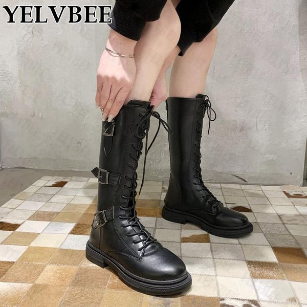 

boots platform warm wedges shoes goth mujer zapatos 2021 winter flats belt buckle fashion women mid-calf snow motorcycle, Black