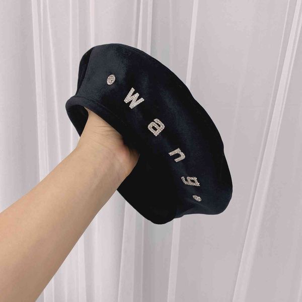 

factory wholesale 50% off beret female autumn and winter golden versatile hat tide net red bud letter rhinestone painter, Blue;gray