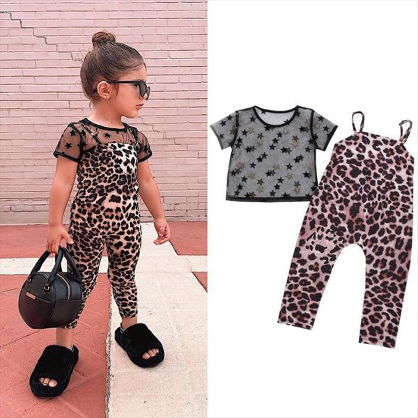 

1 6y kids girls fashion clothes sets mesh star print short sleeve t shirt leopard overalls pants 2pcs, White