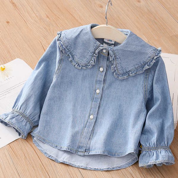 

spring autumn 2 3 4 5 6 8 10 years children clothing turn-down neck long sleeve denim blouse shirt for kids baby girls 210529, White;black