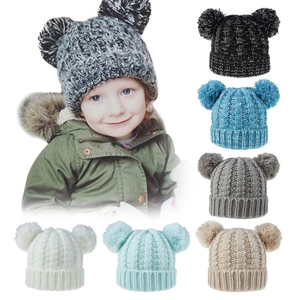 

knit kid crochet beanies hat with 2 balls girls boys winter warm pompom mok caps 13 colors, Yellow