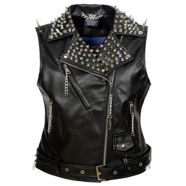 

women's leather & faux sx 2021 winter autumn women's graffiti jacket rivet chain slim belt pu zipper coat women sleeveless motobike, Black
