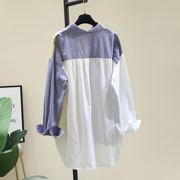 

women's blouses & shirts superaen striped cotton linen turn down collar shirt medium-length 2021 autumn loose casual women, White