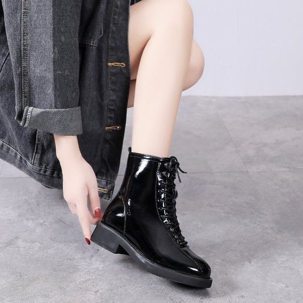 

2021 lace up ankle boots for women shoes woman solid black leather boots female sewing square mid heels platform shoes winter 1