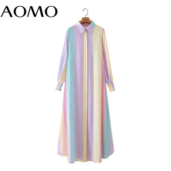 

casual dresses aomo 2021 fashion women colorful striped print shirt dress loose vintage long sleeve office ladies maxi 4t164a, Black;gray