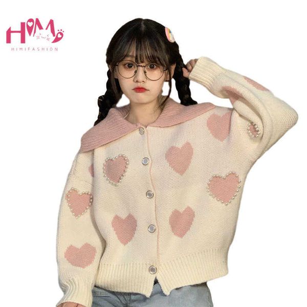 

women's sweaters pink heart knitted cardigan women kawaii sweater winter vintage pearl button long sleeve jumper cute sweet autumn, White;black