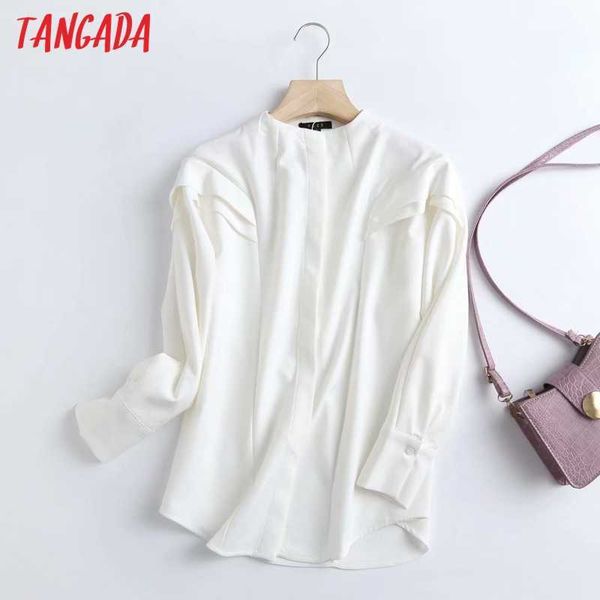 Tangada Frauen Rüschen Weiße Hemden Langarm Zurück Reißverschluss Frühling Mode Elegante Büro Damen Arbeitskleidung Blusen 4C19 210609
