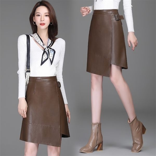 

women asymmetrical pu leather short skirt club wear knee length s autumn winter female fashion 5colors 211214, Black