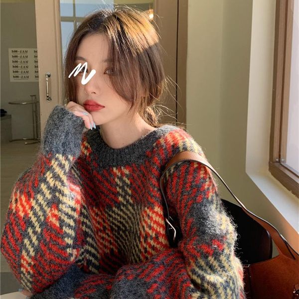 

women's sweaters retro plaid sweater female autumn winter korean contrast thickened loose long sleeve pullover women top, White;black