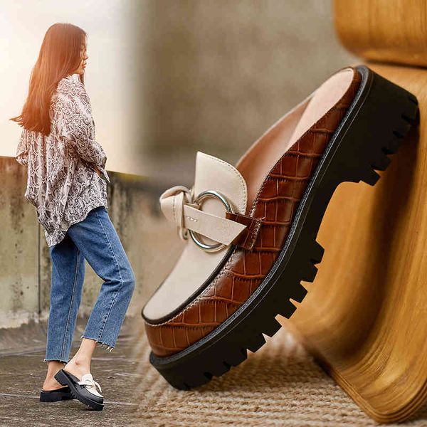 

slippers women's summer slippers plus size 22-26cm in relief leather + lambskin modern outdoor thick bottom metal ring shoes 0y9n, Black